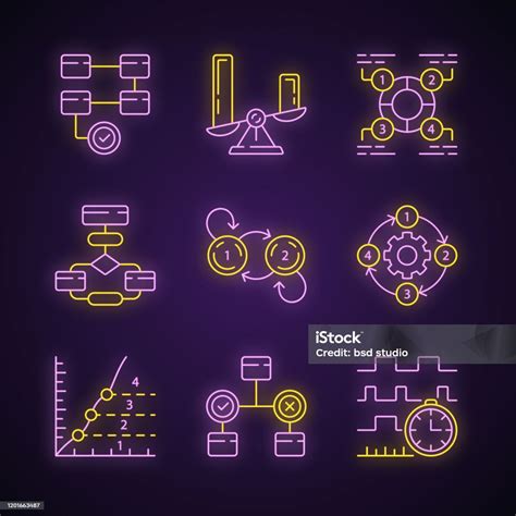 Diagram Konsep Ikon Lampu Neon Diatur Data Statistik Dan Visualisasi