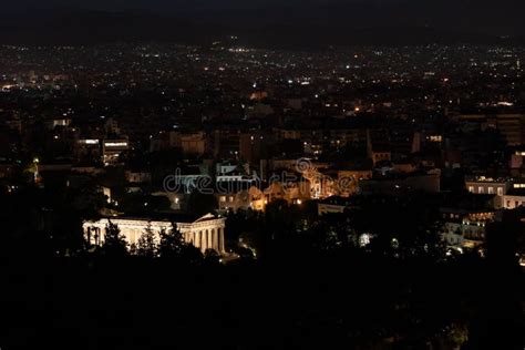 Night View of the Cityscape of Athens, Greece with Temple of Hephaestus ...