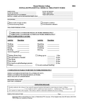 Fillable Online Mtholyoke Initialsupplemental Medical Treatment Form