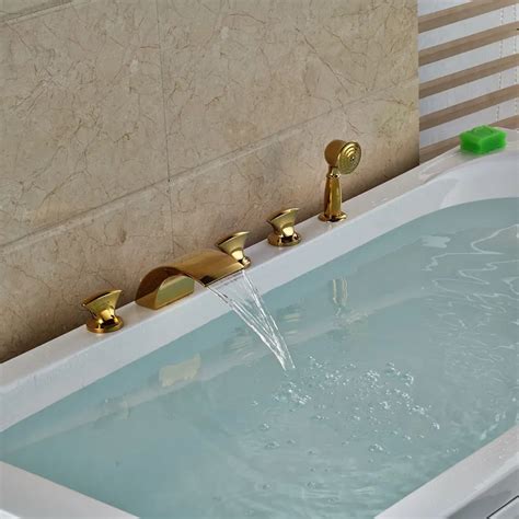 Brand New Brass Golden 5pcs Waterfall Spout Bathtub Faucet Set Deck