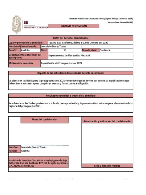 Ejemplo De Informe De Comision Pdf