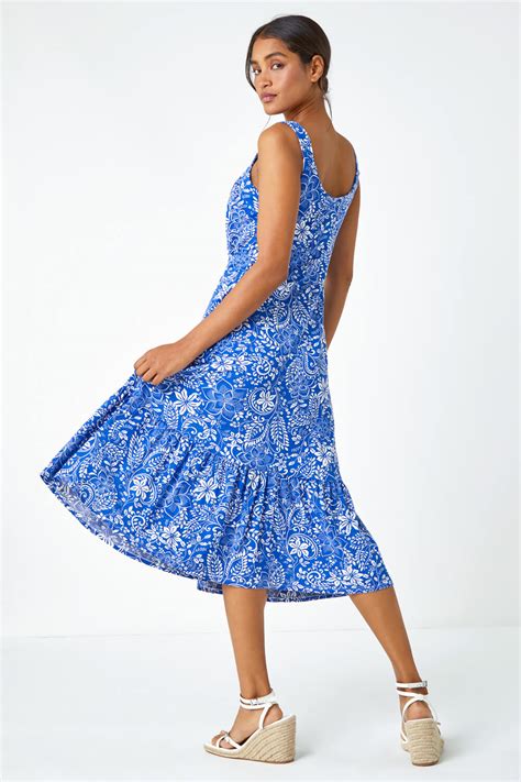 Royal Blue Floral Frill Hem Stretch Midi Dress Roman Uk