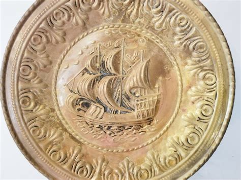 Vintage Brass Embossed Wall Hanging Plate Sailing Ship Made In