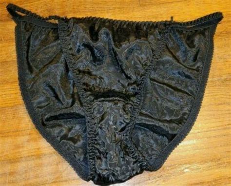 Vintage Satin String Bikini Panties Black Polyester Xl