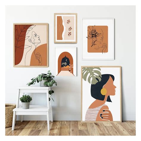 Boho Art Set Of 5 Prints Mid Century Modern One Line Woman Face