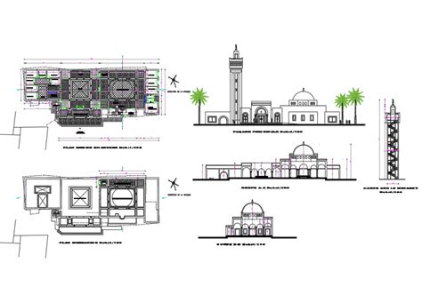 Religious Mosque Elevation Section Staircase Section And Plan Details