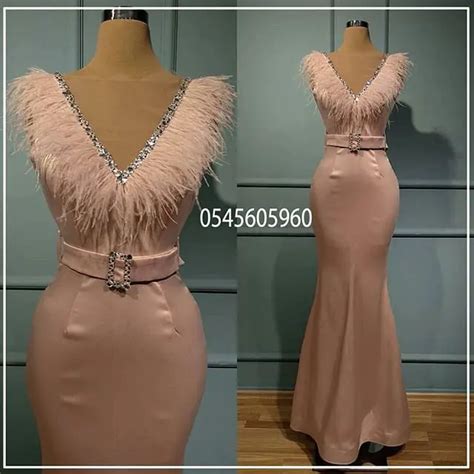 Vestidos Noche musulmanes 2019 sirena cuello v pluma elegante Islámico