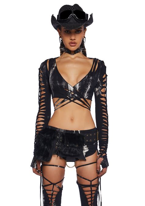 Club Exx Burning Man Stretchy Cut Out Tie Dye Wrap Top Black White