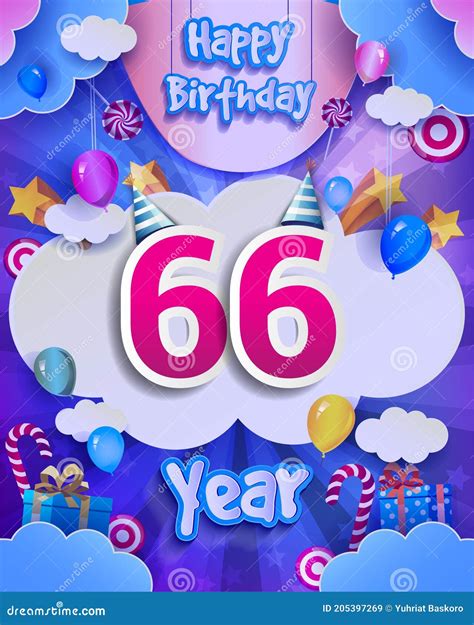 66th Birthday Celebration Greeting Card Design With Clouds And