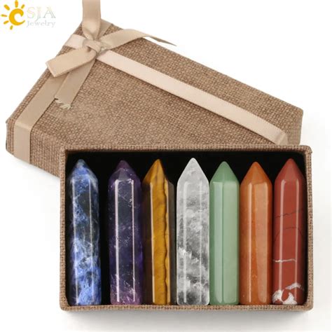 CSJA 7 Chakra Natural Stones Decoration Hexagonal Column Stone Set With