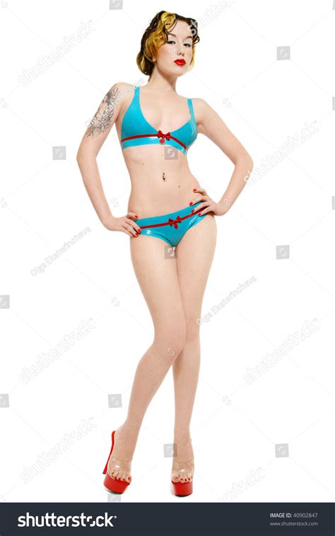 Slim Girl Sexy Latex Bikini Stilettos Stock Photo Shutterstock