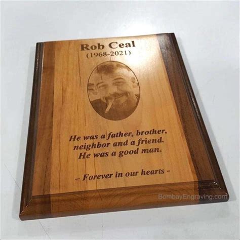 Wood memorial plaque engraved with picture | Bombay Engraving