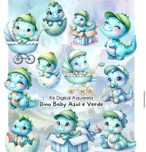Dino Baby Aquarela Png - Kit Digital Dino Baby Aquarela - PNG para Sublimação