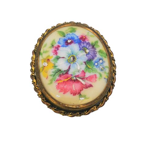 Broche ancienne fleurs porcelaine Limoges France Gemmes minéraux