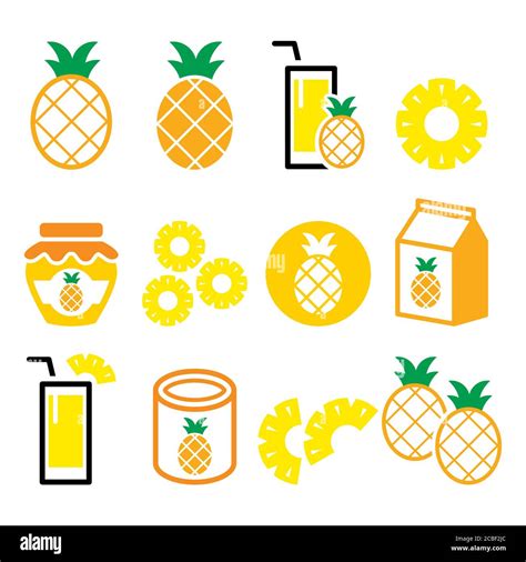 Pineapple Fruit Pineapple Slices Juice And Vector Icons Set Healthy