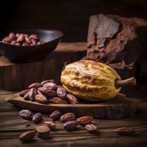 Premium Ai Image Cacao Fruit Raw Cacao Beans Cocoa Pod On Wooden