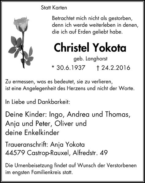 Traueranzeigen Von Christel Yokota Trauer In Nrw De