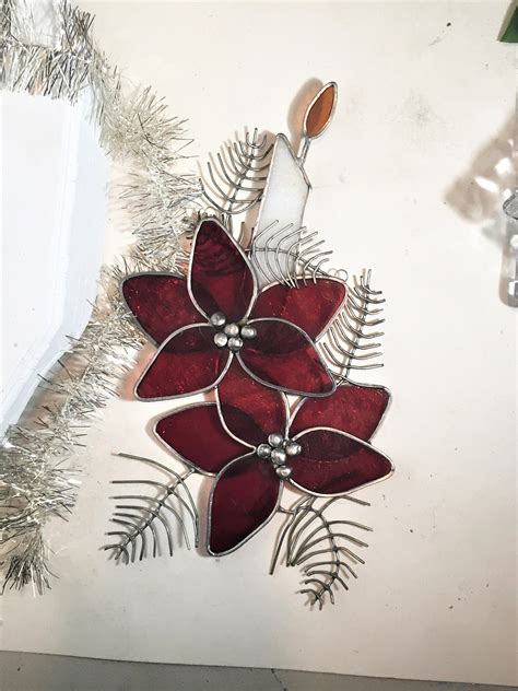 Vintage Large Stained Glass Poinsettias Christmas Stained Glass Suncatcher Christmas Candle