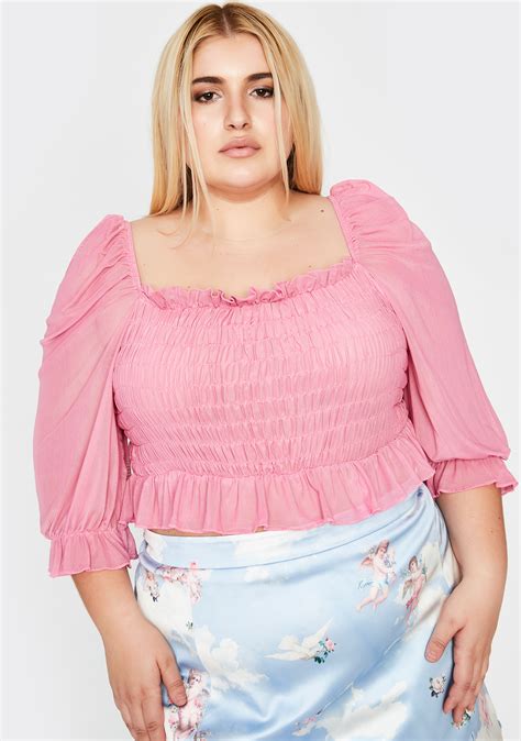 Plus Size Sheer Ruched Smocked Crop Top Pink Dolls Kill