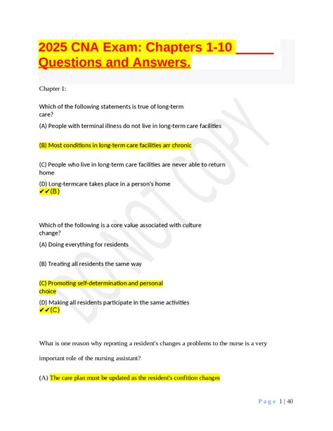 2025 CNA Exam: Chapters 1-10 Questions and Answers | Exams Nursing