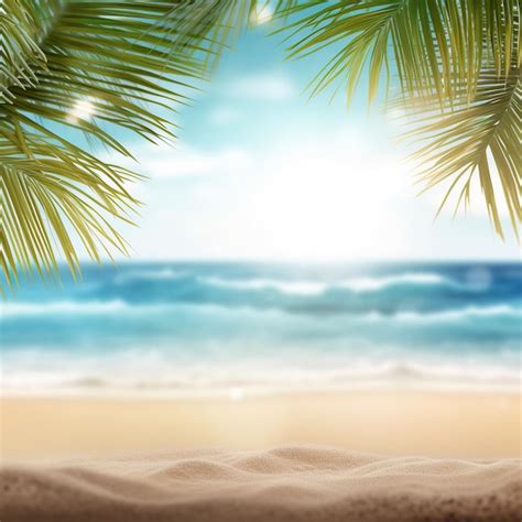 Sand beach with palm tree leaves with blurred sea background | Premium AI-generated image