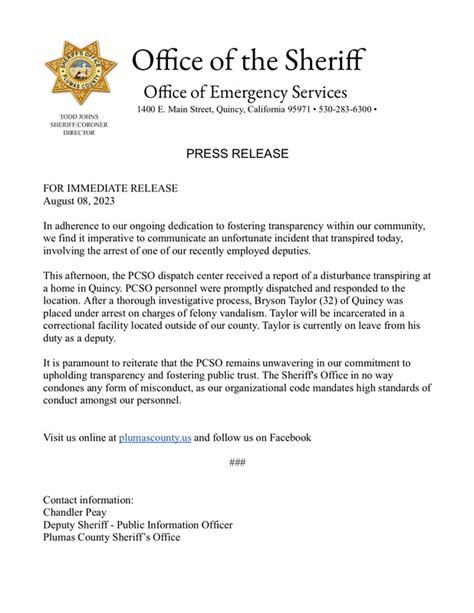 FROM OFFICE OF PLUMAS COUNTY SHERIFF Sierra Booster