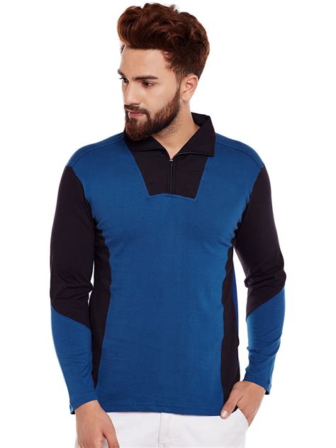 Buy HYPERNATION Royal Blue And Black Color Cotton Zipper Polo For Men