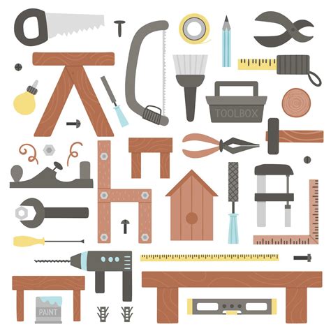 Vector Tools Set Flat Colored Illustration With Building Carpenter