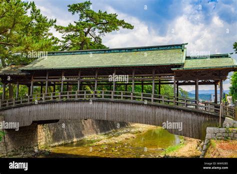 Ancient wooden bridge Sayabashi Bridge over Kanakura River, Kotohira, Kagawa, Japan Stock Photo ...