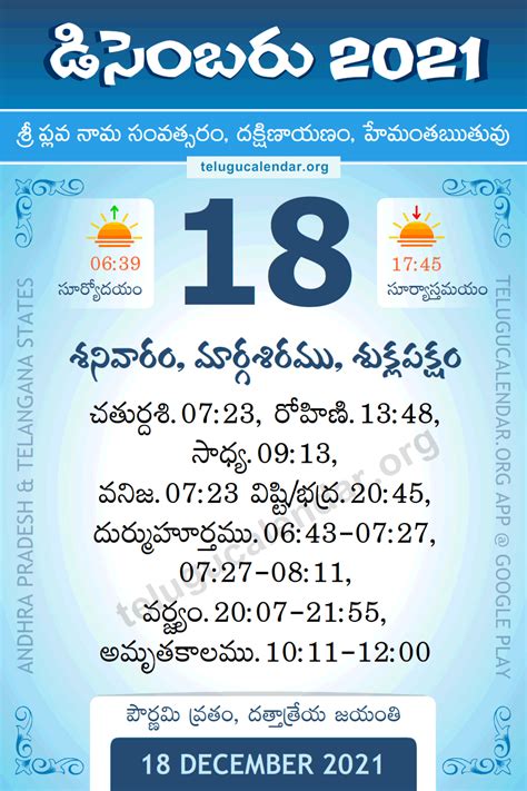 18 December 2021 Panchangam Calendar Daily in Telugu డిసెంబర్ 18, 2021 తెలుగు పంచాంగం