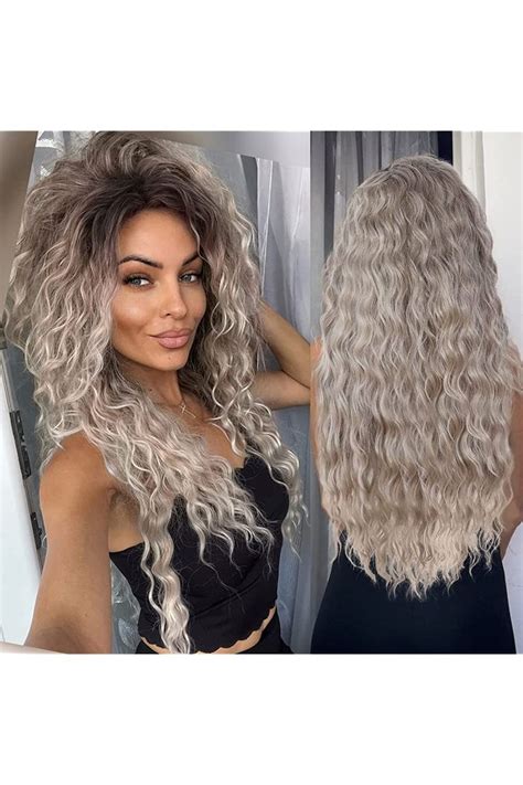 Gnimegil 26 Inch Long Wavy Wig For White Women Grey Ombre Wig Synthetic Heat Resistant Wig