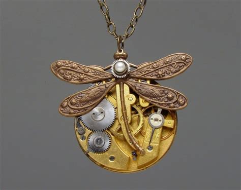 Steampunk Necklace Antique Pocket Watch With A Dragonfly And Genuine