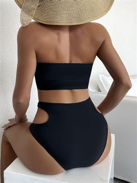 Solid Bikini Set Cut Out Ring Linked Bandeau Bra High Waisted Bottom