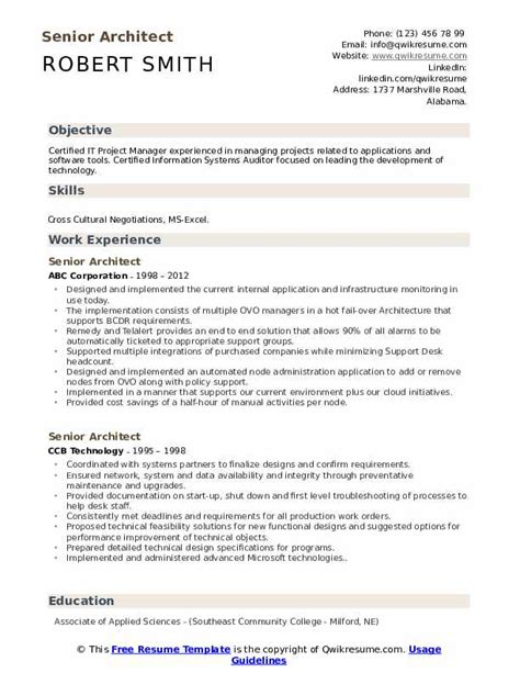 Senior Architect Resume Samples Qwikresume