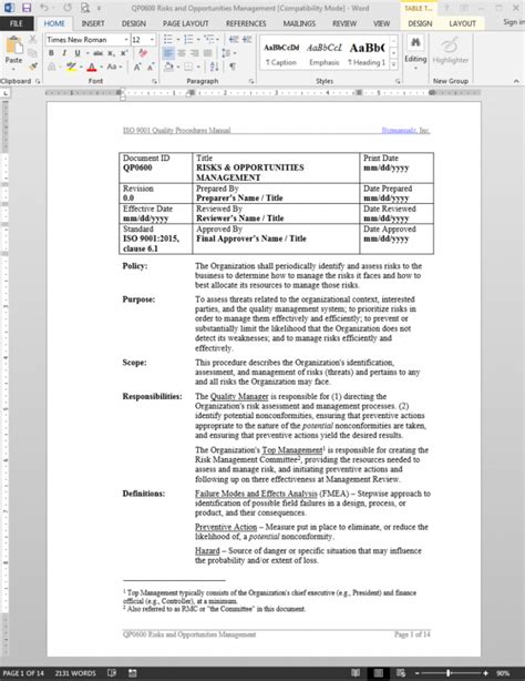 Printable Risk Opportunities Management Iso Qp Risk