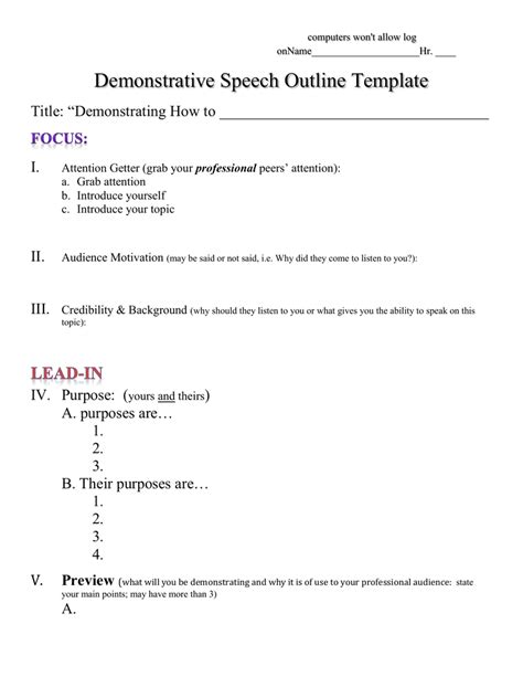 Demonstration Speech Outline Template Master Template