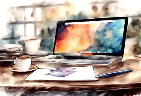 watercolor office laptop work created desk cup tones coffee ia