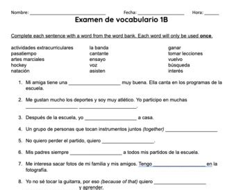 Realidades B Vocabulary Exam By Cosasparrati Tpt