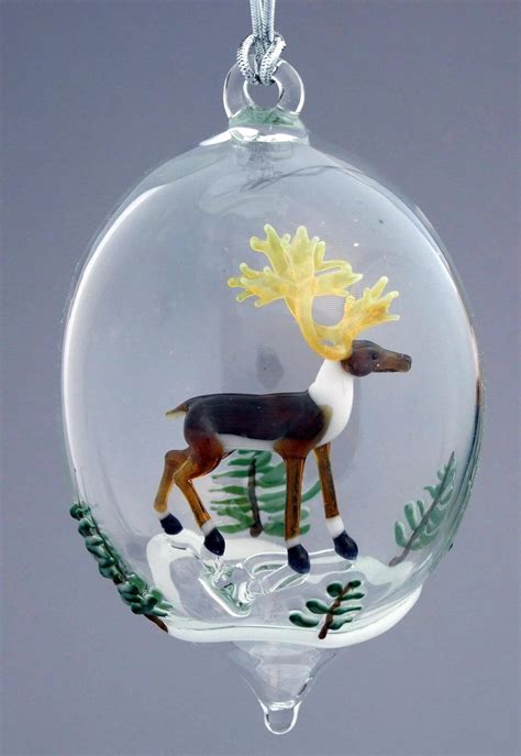 Hand Made Reindeer And Snowy Trees Hand Blown Glass Ornament By Scherers Glassworks