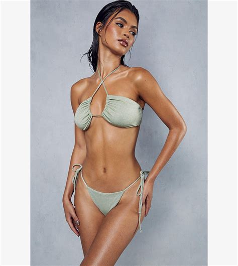 Buy Misspap Halter Neck Strappy Glitter Bikini Set In Khaki Thstreet