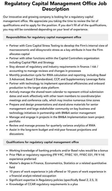 Regulatory Capital Management Office Job Description Velvet Jobs