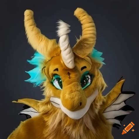 Gold Colored Fursuit Dragon With Horns Spikes And Cyan Wings