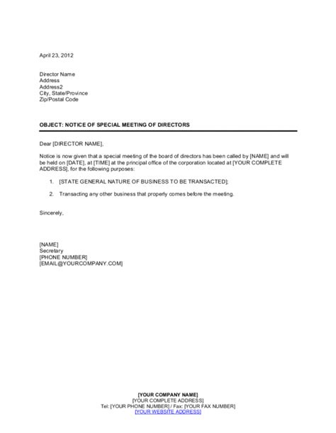 Notice Of Meeting Of Directors Special Principals Office Letter Sample