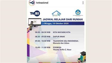 Jadwal Belajar Dari Rumah Edisi Minggu 18 Oktober 2020 Akan Ada