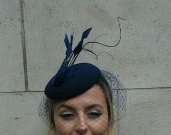 Navy Blue Brown Feather Pillbox Hat Fascinator Hair Races Etsy