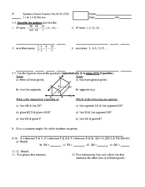 T#1-1 P1 1.4 H Geo Practice (F20) - Geometry Honors Practice Test #1-P1