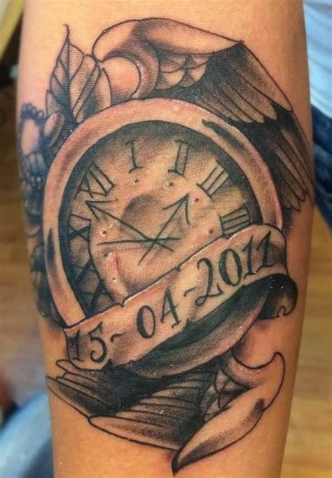 Memorial Banner And Clock Tattoo On Right Sleeve Watch Tattoos Clock