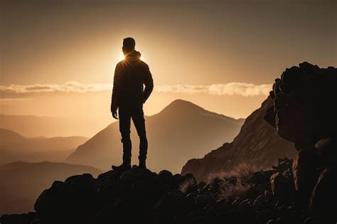 Un Homme Debout Au Sommet D Une Montagne Au Coucher Du Soleil Concept D