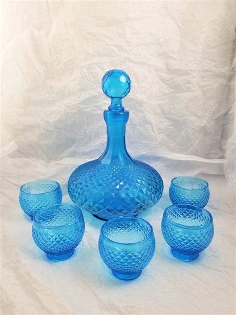 Mid Century Empoli Blue Decanter And Cordials In Diamond Etsy