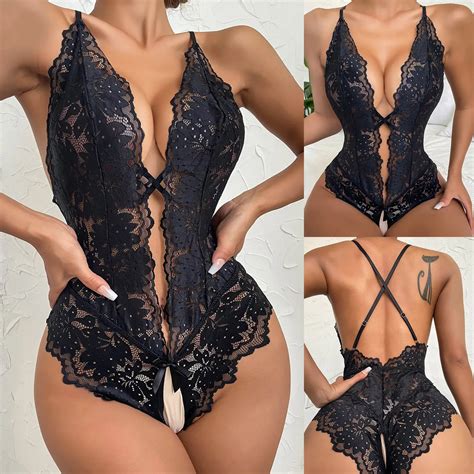 Erotic Lingerie Sensual Open Crotch Dress Babydoll Perspective Backless Mesh Sleepwear Set Lace